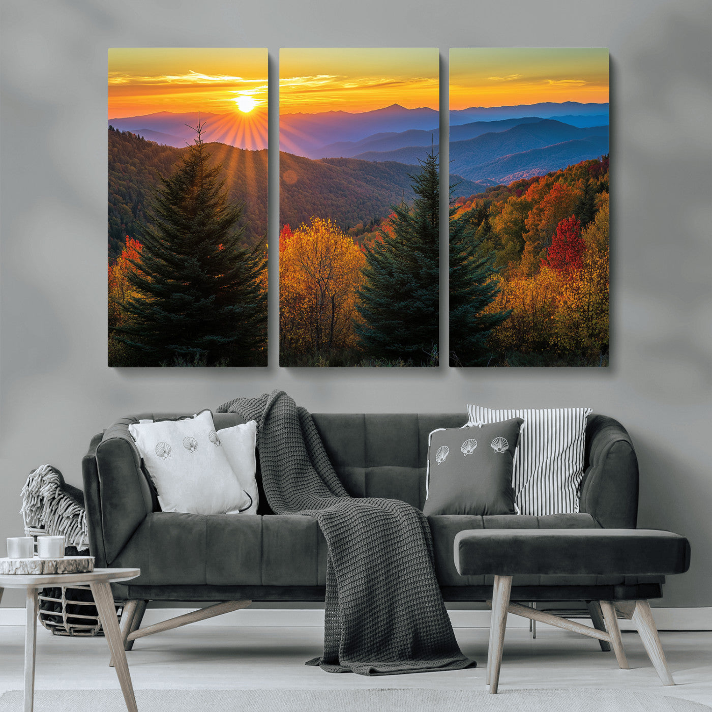 Vibrant sunset over autumn mountains with colorful trees and warm light, ideal for nature lovers or cabin-style wall decor.