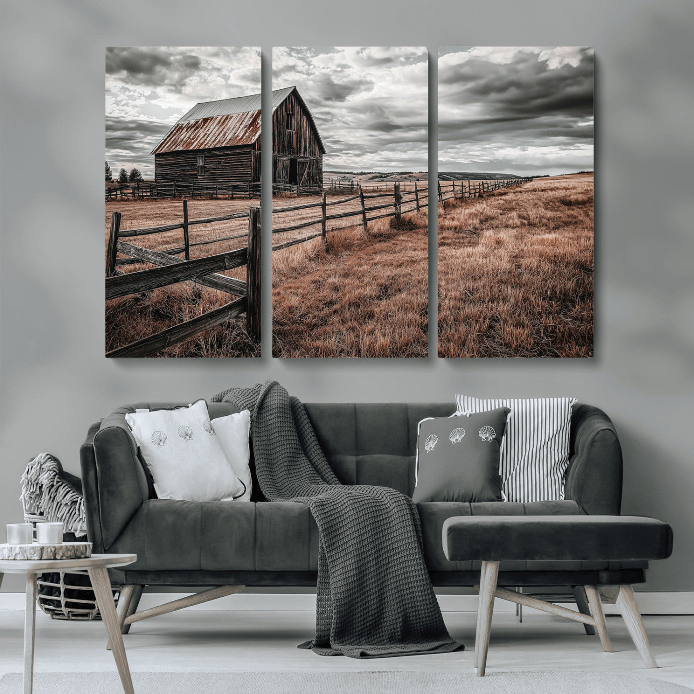 Framed canvas of a rustic barn under a moody sky with weathered fence and dark fields, ideal for farmhouse or rural-style wall decor.