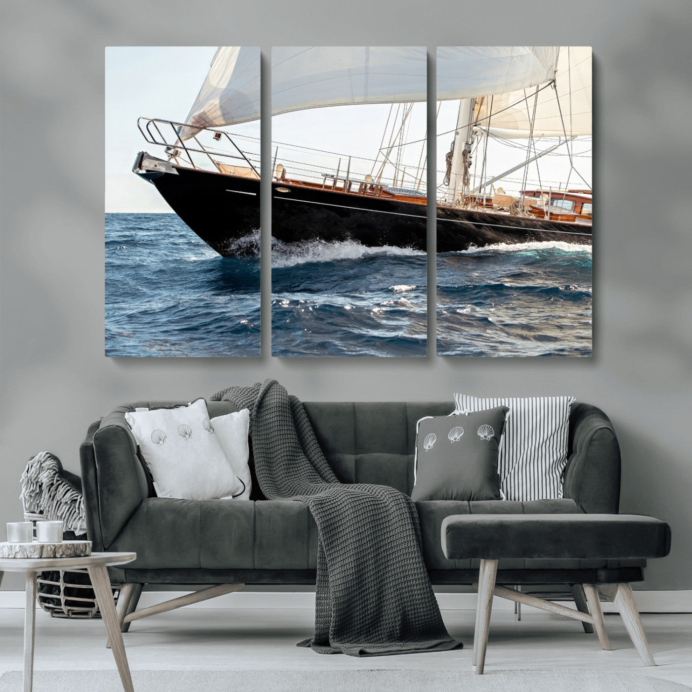 Close-up of a classic sailing yacht with wooden deck and full sails, perfect for nautical or coastal-style decor in ocean-themed spaces.