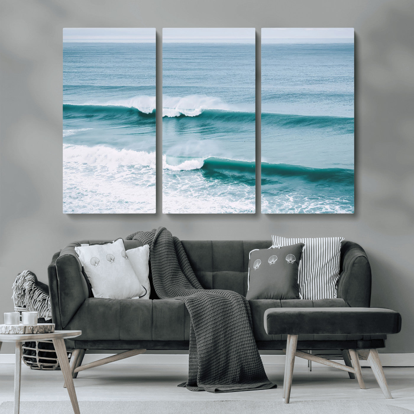 Powerful ocean waves rolling towards the shore, their turquoise hues blending with white sea foam under an open horizon, capturing the essence of the ocean's movement.