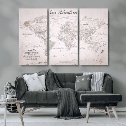 Customize Push Pin World Map Wall Canvas Print – Personalized Travel Map with Foam Pins – Framed Custom Quotie Canvas for Home Office Decor