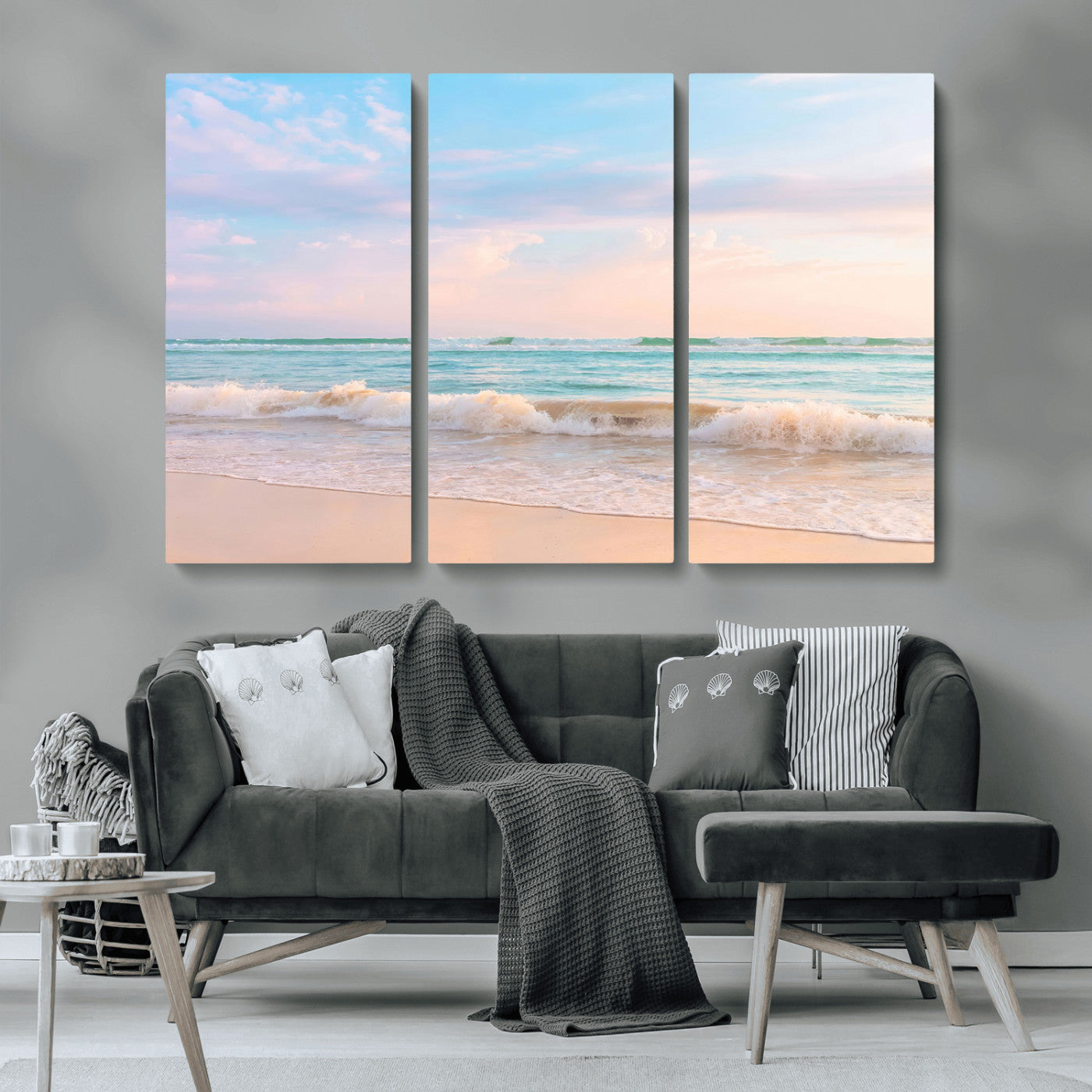 A peaceful beach scene with soft pastel skies, gentle waves washing up on the sandy shore, creating a calm and serene ocean view.
