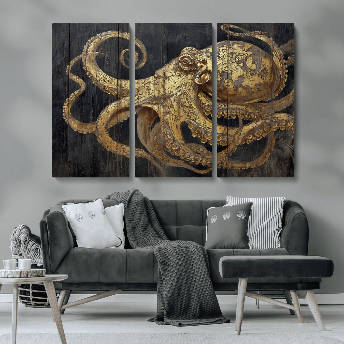 A detailed gold illustration of an octopus on black wooden planks, showing its intricate tentacles and textured skin in an artistic style.
