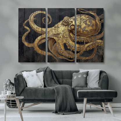 A detailed gold illustration of an octopus on black wooden planks, showing its intricate tentacles and textured skin in an artistic style.