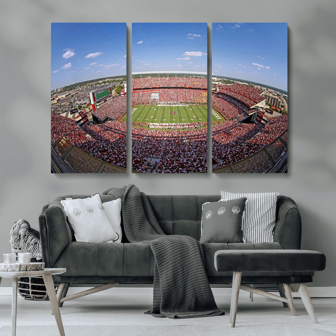 An William Brice-Stadium view of a full football stadium with cheering fans and clear blue skies, capturing the excitement and energy of the game.