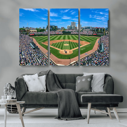Wrigley Field Baseball Stadium Canvas Wall Art, Packed Crowd Sports Stadium Print, City Skyline Baseball Field Canvas for Game Room Decor