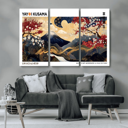 An artwork by Yayoi Kusama featuring Mount Fuji, blooming cherry blossoms, and swirling patterns in a harmonious blend of nature and art.