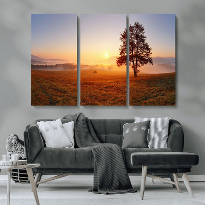 A tranquil landscape at sunrise with a mist-covered field and a lone tree, creating a peaceful and natural atmosphere.