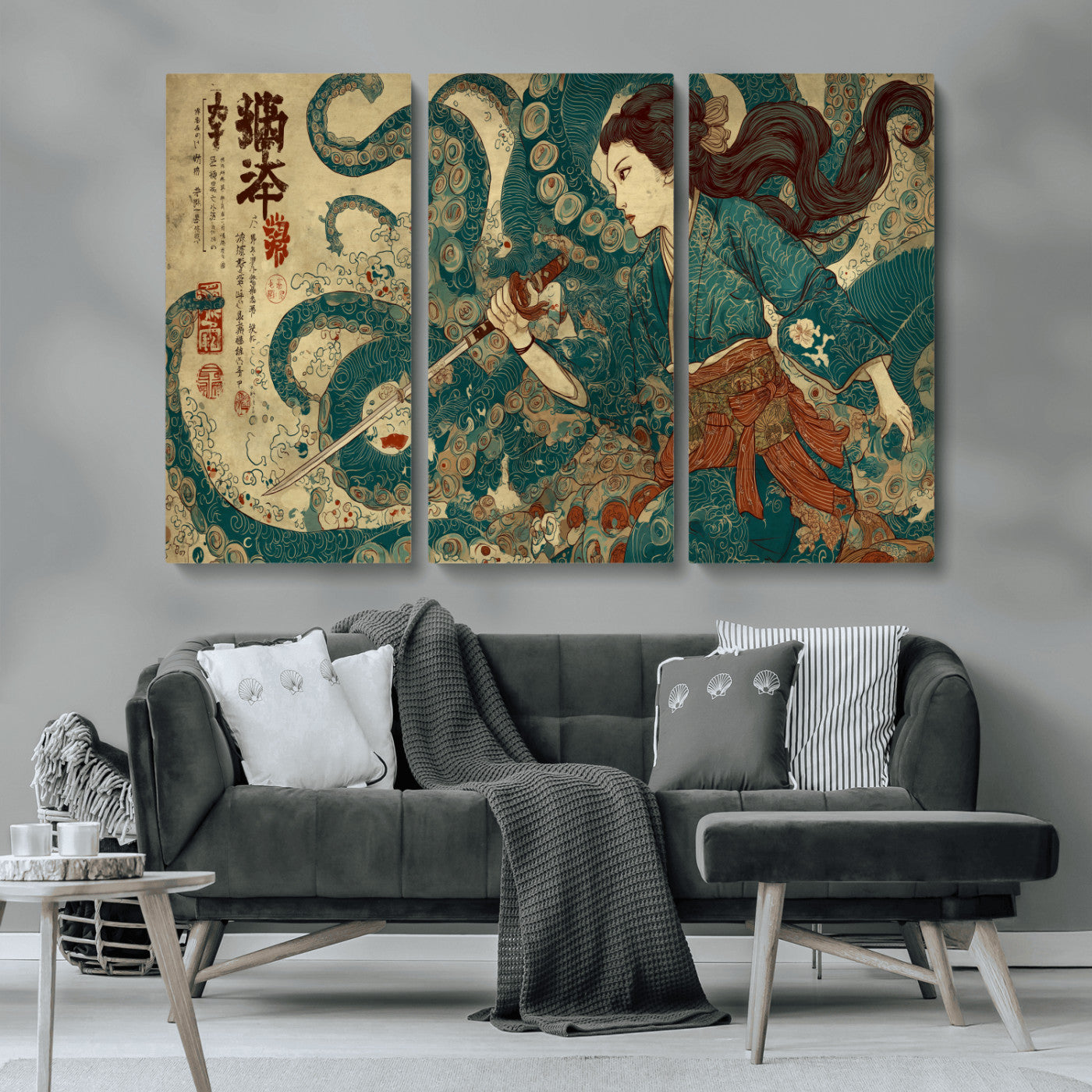 Tsukioka Yoshitoshi Samurai Wall Art Print, Japanese Katana Warrior Canvas Wall Art, Octopus Sea Monster Canvas Print,
