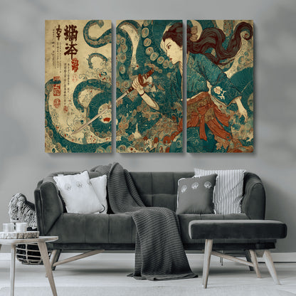 Tsukioka Yoshitoshi Samurai Wall Art Print, Japanese Katana Warrior Canvas Wall Art, Octopus Sea Monster Canvas Print,