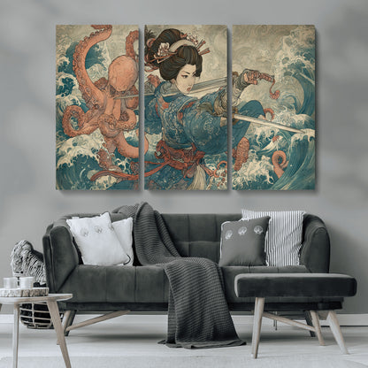 Tsukioka Yoshitoshi Samurai Wall Art Print, Japanese Katana Warrior Canvas Wall Art, Octopus Sea Monster Canvas Print,