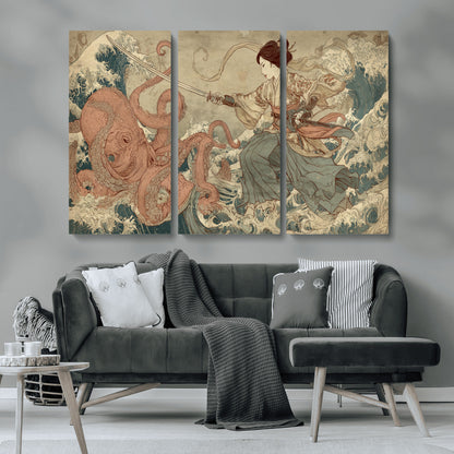 Tsukioka Yoshitoshi Samurai Wall Art Print, Japanese Katana Warrior Canvas Wall Art, Octopus Sea Monster Canvas Print,