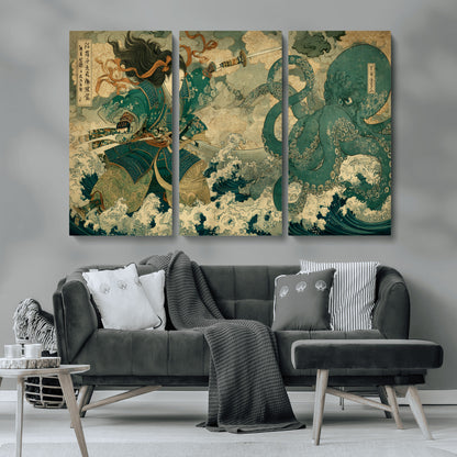 Tsukioka Yoshitoshi Samurai Wall Art Print, Japanese Katana Warrior Canvas Wall Art, Octopus Sea Monster Canvas Print,