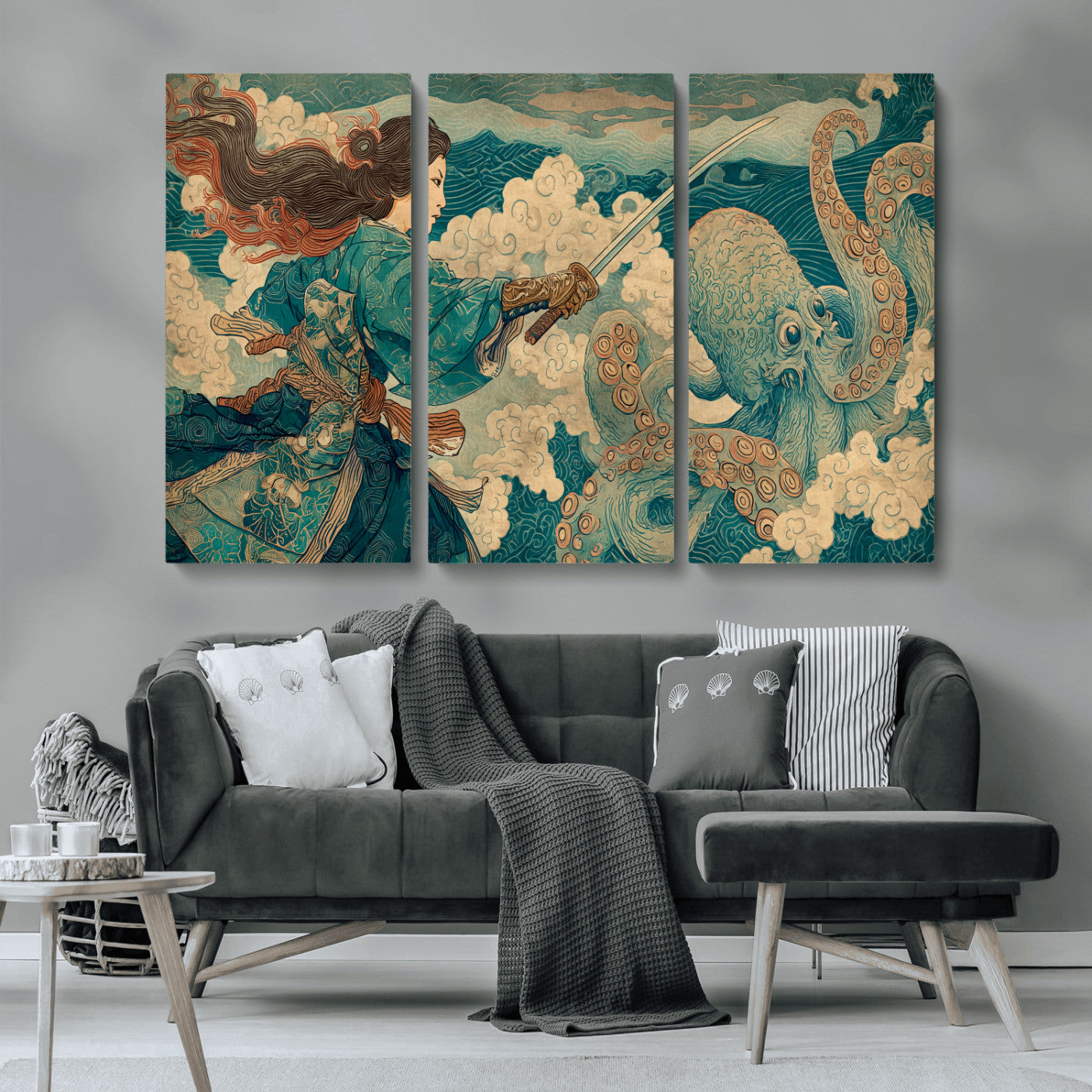 Tsukioka Yoshitoshi Samurai Wall Art Print, Japanese Katana Warrior Canvas Wall Art, Octopus Sea Monster Canvas Print,