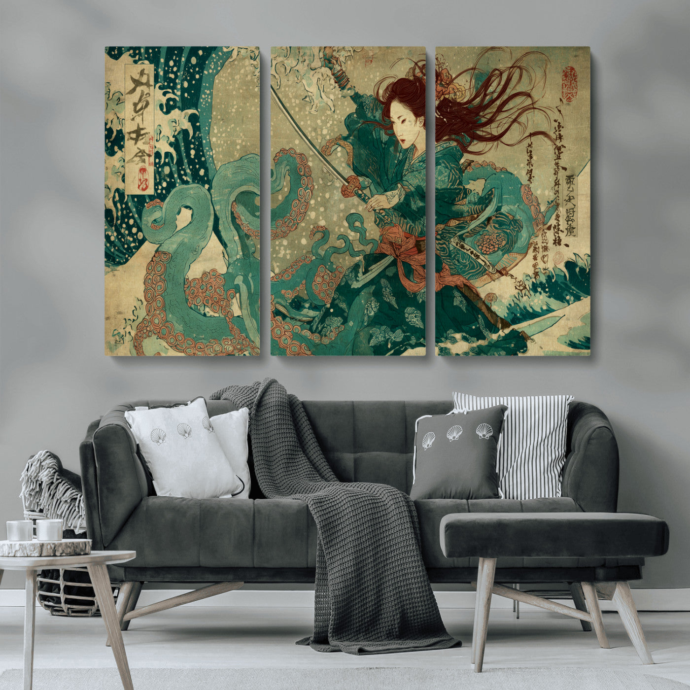 Tsukioka Yoshitoshi Samurai Wall Art Print, Japanese Katana Warrior Canvas Wall Art, Octopus Sea Monster Canvas Print,