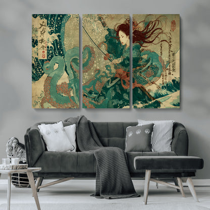 Tsukioka Yoshitoshi Samurai Wall Art Print, Japanese Katana Warrior Canvas Wall Art, Octopus Sea Monster Canvas Print,