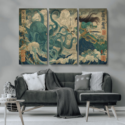 Tsukioka Yoshitoshi Samurai Wall Art Print, Japanese Katana Warrior Canvas Wall Art, Octopus Sea Monster Canvas Print,