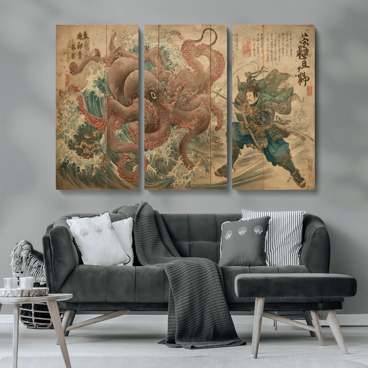 Tsukioka Yoshitoshi Samurai Wall Art Print, Japanese Katana Warrior Canvas Wall Art, Octopus Sea Monster Canvas Print,