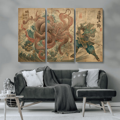 Tsukioka Yoshitoshi Samurai Wall Art Print, Japanese Katana Warrior Canvas Wall Art, Octopus Sea Monster Canvas Print,