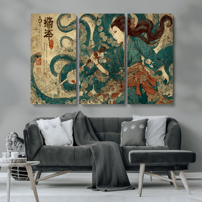 Tsukioka Yoshitoshi Samurai Wall Art Print, Japanese Katana Warrior Canvas Wall Art, Octopus Sea Monster Canvas Print,