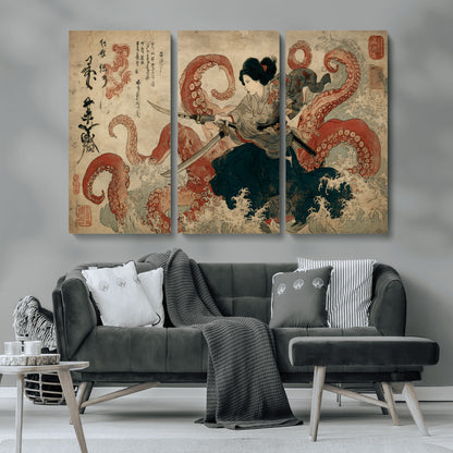Tsukioka Yoshitoshi Samurai Wall Art Print, Japanese Katana Warrior Canvas Wall Art, Octopus Sea Monster Canvas Print,