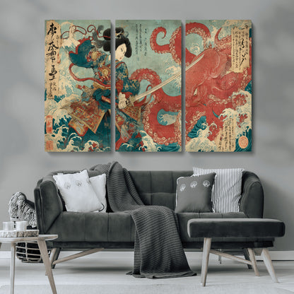 Tsukioka Yoshitoshi Samurai Wall Art Print, Japanese Katana Warrior Canvas Wall Art, Octopus Sea Monster Canvas Print,
