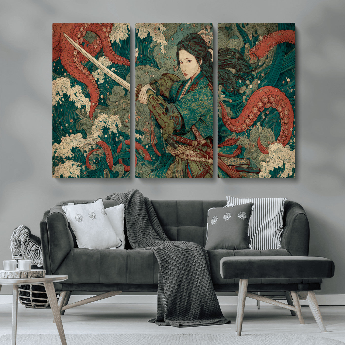 Tsukioka Yoshitoshi Samurai Wall Art Print, Japanese Katana Warrior Canvas Wall Art, Octopus Sea Monster Canvas Print,