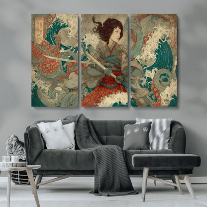 Tsukioka Yoshitoshi Samurai Wall Art Print, Japanese Katana Warrior Canvas Wall Art, Octopus Sea Monster Canvas Print,