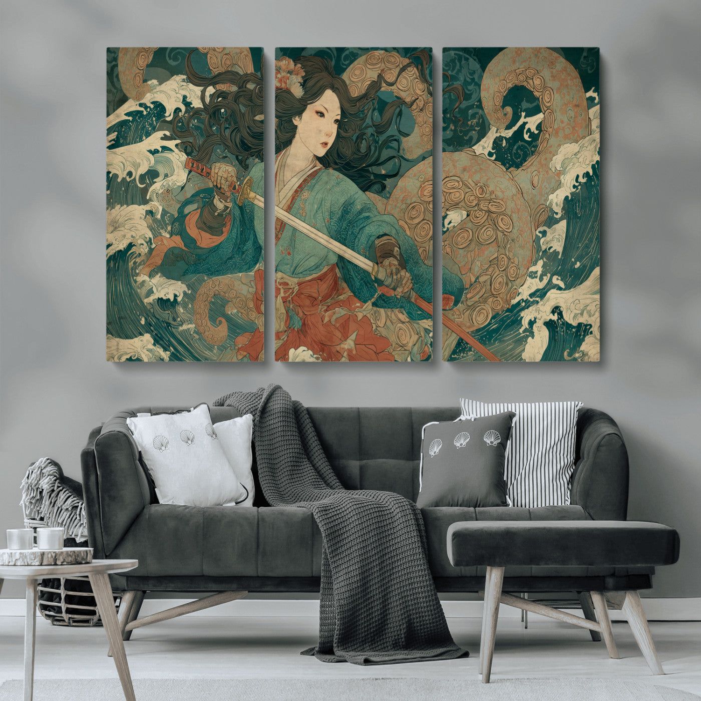 Tsukioka Yoshitoshi Samurai Wall Art Print, Japanese Katana Warrior Canvas Wall Art, Octopus Sea Monster Canvas Print,
