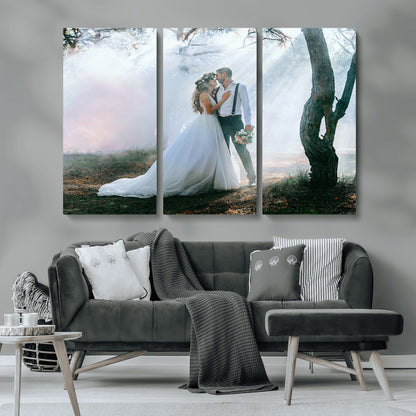 MGV-CV-48X32-3P - Forest Wedding Wall Art – Romantic Bride and Groom Canvas Print, Enchanted Woodland Photography Decor for Bedroom, Living Room, or Wedding Gift