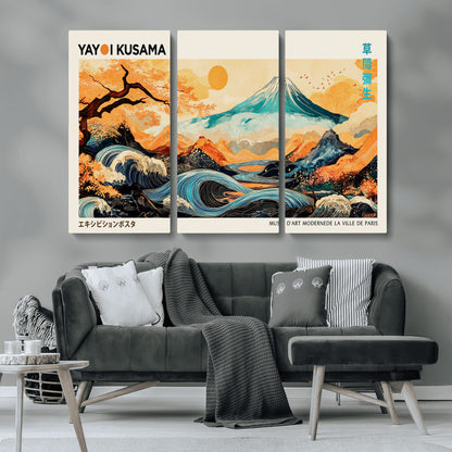 Modern Japanese-style art print featuring a stylized Mount Fuji, flowing waves, and vibrant landscapes in bold colors, inspired by traditional and contemporary aesthetics.