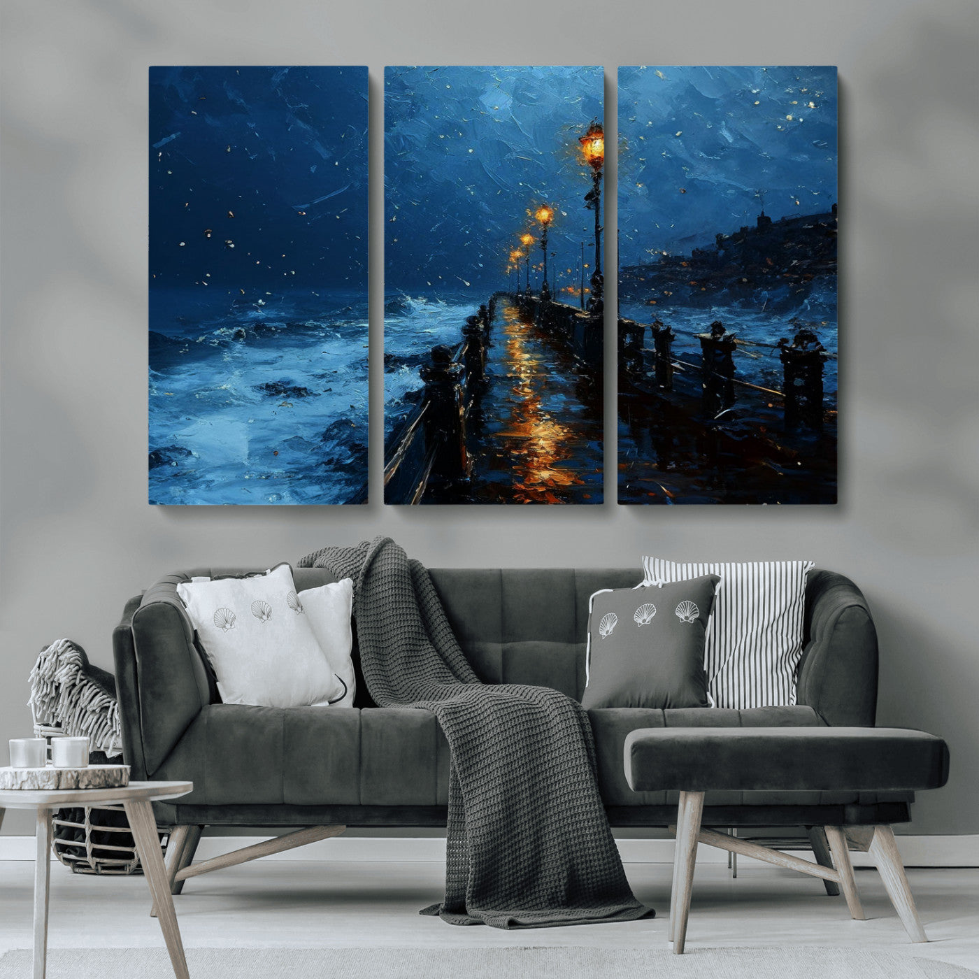 "Impressionistic painting of a rainy pier at night with glowing street lamps reflecting on the wet surface, ocean waves crashing under a dark blue sky."
