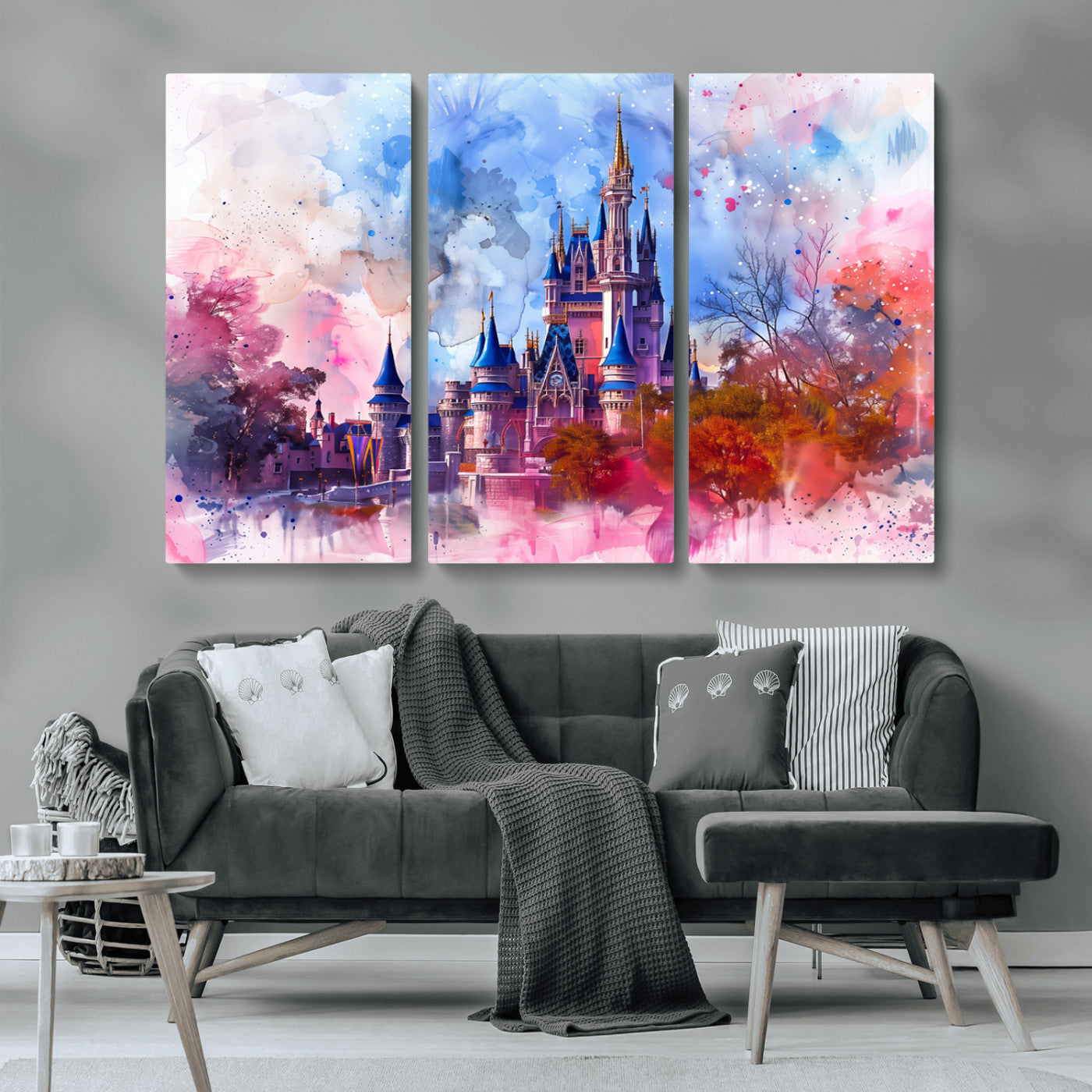 Watercolor canvas of a dreamy Disney-style castle in pastel pink and blue tones, perfect for fairytale or whimsical home decor.