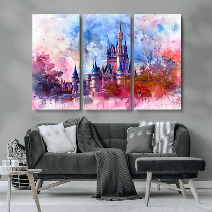 Watercolor canvas of a dreamy Disney-style castle in pastel pink and blue tones, perfect for fairytale or whimsical home decor.