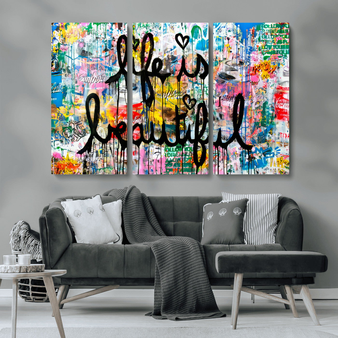 Colorful urban-style canvas with graffiti text “Life is Beautiful” in black paint, ideal for bold or street-themed home decor.