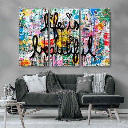 Colorful urban-style canvas with graffiti text “Life is Beautiful” in black paint, ideal for bold or street-themed home decor.