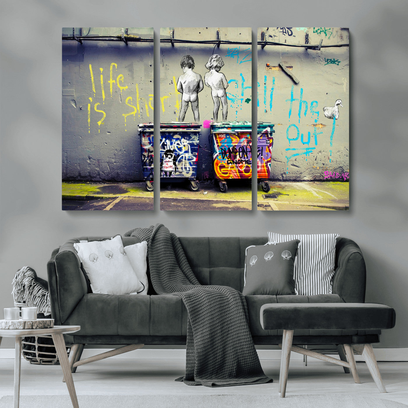 Graffiti-style canvas art with bold text and two naked figures over urban dumpsters, ideal for edgy or street-style decor.