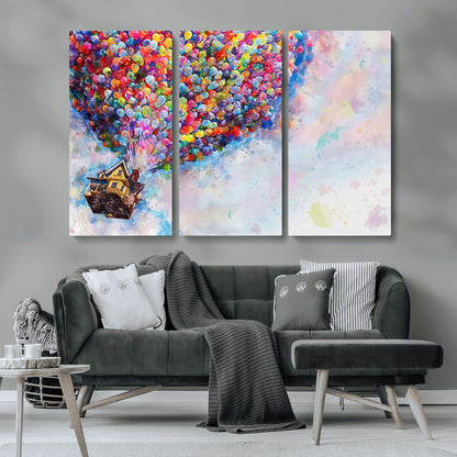 Whimsical canvas of the house from the movie Up flying with colorful balloons, ideal for Pixar or animation-themed decor.