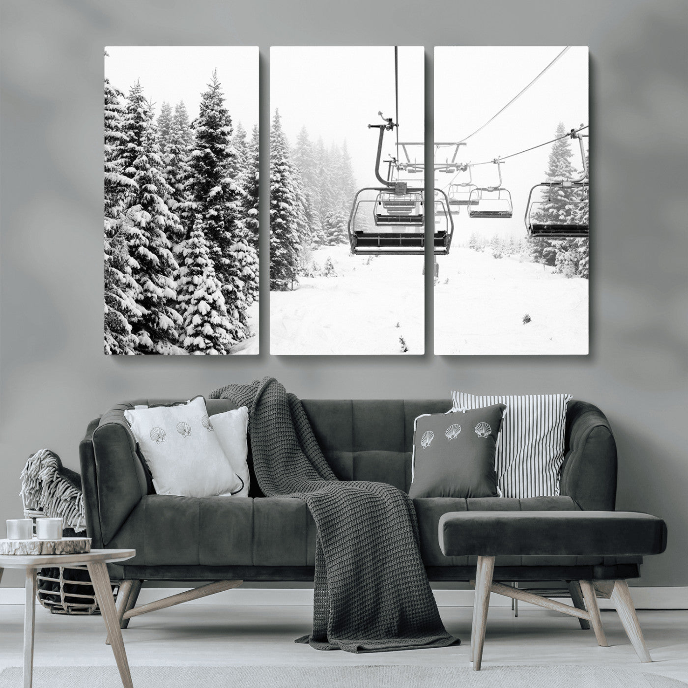 Black and white canvas of empty ski lifts over a snowy pine forest, perfect for minimal winter or ski lodge-inspired decor.