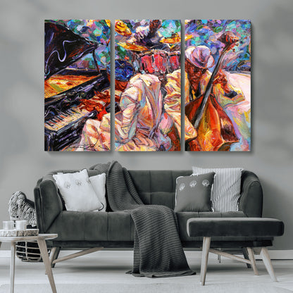 Vibrant oil painting of a jazz band with piano, saxophone, and bass, ideal for colorful and expressive music-themed home decor.