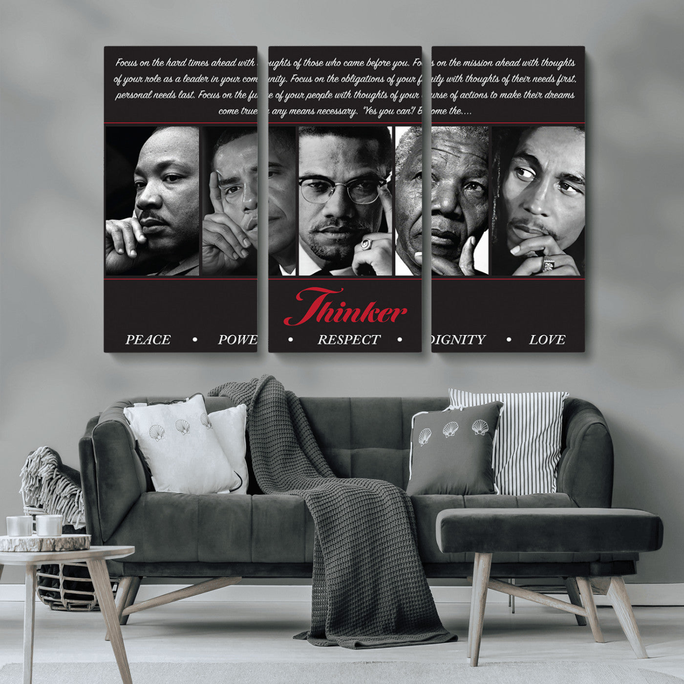 Monochrome canvas of iconic Black leaders with a powerful quote, perfect for modern spaces with a cultural or motivational theme.