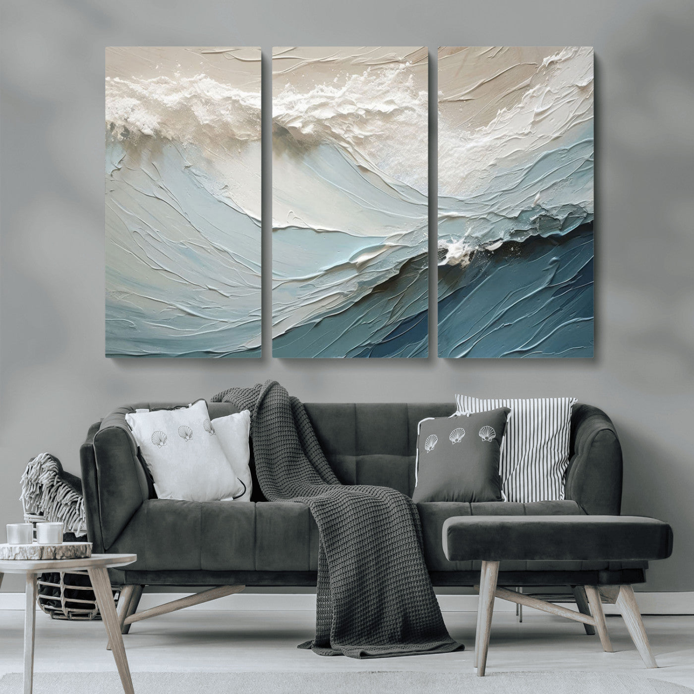 Textured canvas of ocean waves in soft coastal blues and creamy whites, ideal for modern or minimalist coastal-style interiors.