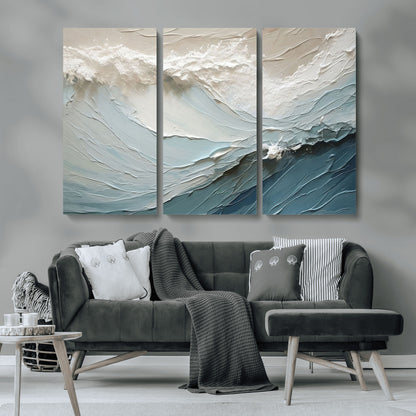 Textured canvas of ocean waves in soft coastal blues and creamy whites, ideal for modern or minimalist coastal-style interiors.