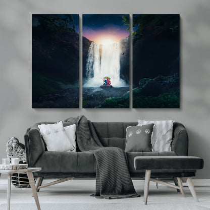 Romantic scene of Stitch and Angel sitting under a leaf in front of a glowing waterfall, ideal for tropical or fantasy-themed decor.