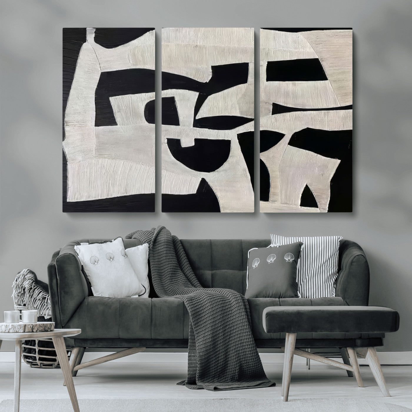 Minimalist black and white canvas featuring bold abstract textures and geometric shapes, ideal for modern neutral decor.