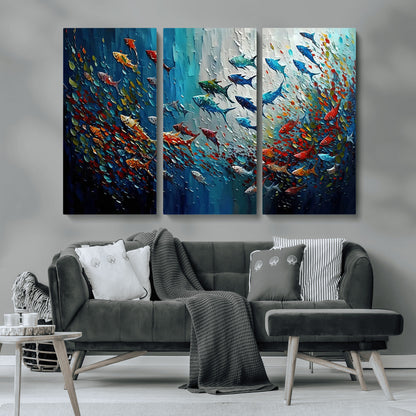 Colorful painting of fish swimming in abstract ocean swirls, perfect for vibrant marine-themed or expressive coastal home decor.