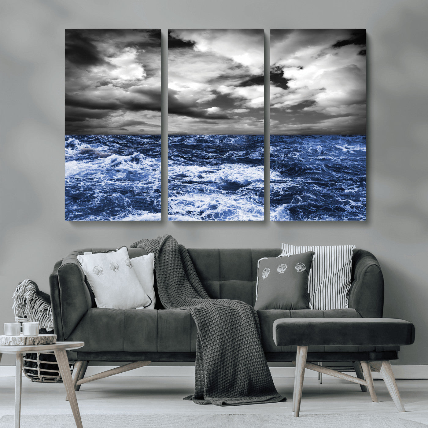 Moody canvas wall art of a stormy ocean under a dramatic black-and-white sky, perfect for bold or coastal-style interiors.