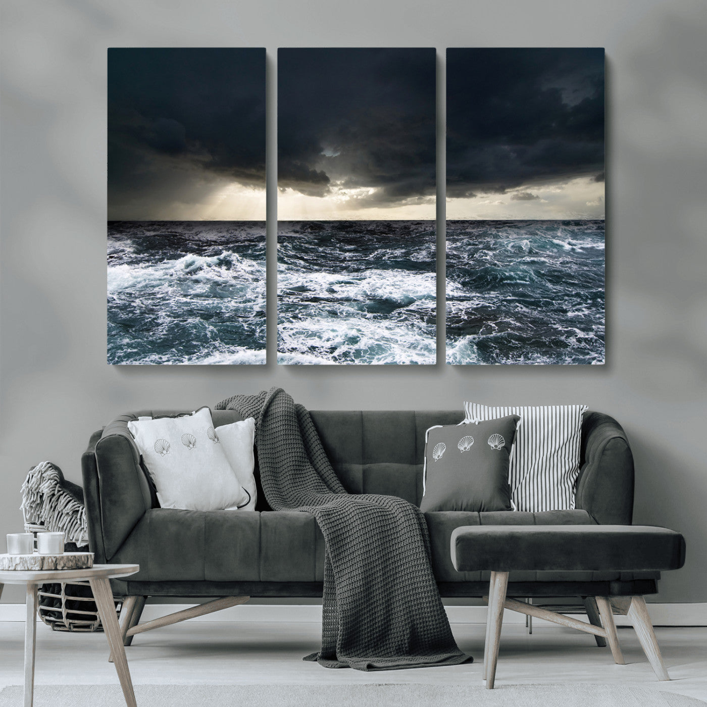 Moody ocean scene with stormy skies and crashing waves, perfect for dramatic or coastal-style home wall decor.