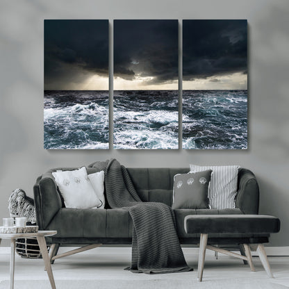 Moody ocean scene with stormy skies and crashing waves, perfect for dramatic or coastal-style home wall decor.