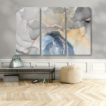 -Abstract Fluid Art Wall Decor – Blue, Gray & Gold Canvas Print, Modern Home and Office Wall Art Decor for Living Room, Bedroom or Workspace